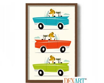 Lámina artística divertida de perro y gato, coche para perros Zoomies, decoración moderna de mediados de siglo para una cueva de hombre, labrador retriever amarillo, regalo atómico para amantes de los perros.