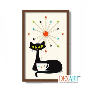 Mid Century Modern Cat and Kitchen Art Print, Wall Art, Black Cat Lover Gift, Kitchen Decor, Coffee Lover Gift, Atomic Star Art