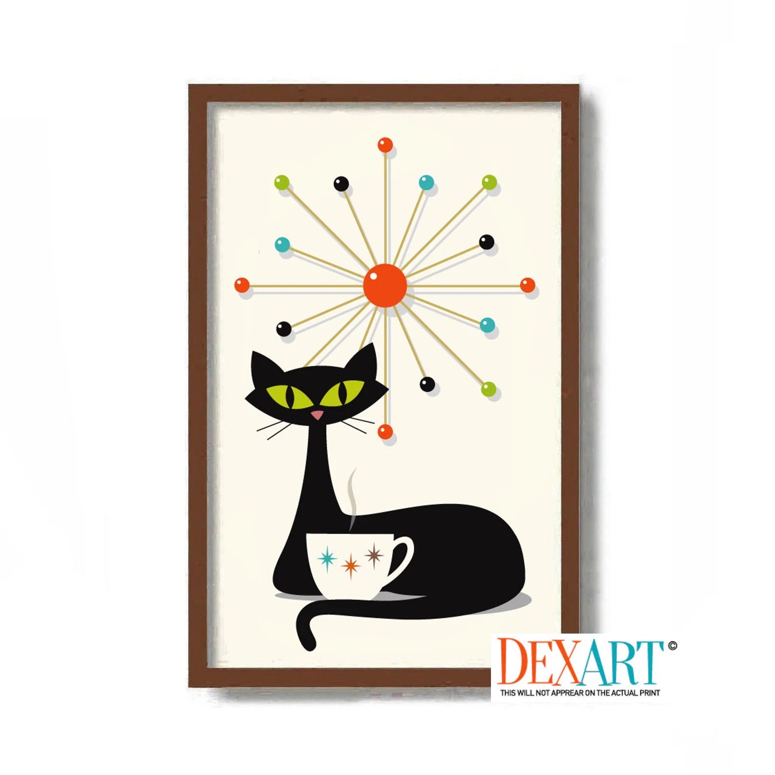 Mid Century Modern Cat and Kitchen Art Print, Wall Art, Black Cat Lover Gift, Kitchen Decor, Coffee Lover Gift, Atomic Star Art
