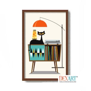 Impression d'art murale moderne Mid-Century, cadeaux chat, platine vinyle, impression d'art chat noir, cadeau pour amoureux des chats, rangement pour disques vinyles, lampe à lave