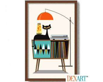 May include: A retro-style illustration of a black cat sitting on a vintage record player cabinet with a lava lamp and a floor lamp. The cabinet has a turquoise and white geometric pattern on the front and a shelf with colorful vinyl records.