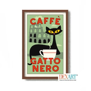 Italian Kitchen Cat Art Print, Black Cat Decor, Mid Century Modern Wall Art, Cat Lover Gift, Coffee Sign, Rome Italy, Coffee Poster