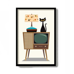 Mid Century Modern Art Print, Black Cat Wall Art, Old Television, Black Cat Gift, Cat Lover Gift, Custom Cat Portrait, Modern Lamp