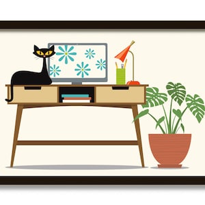 Mid Century Modern Art, Black Cat Art Print, Monstera Plant, Modern Desk, Home Office Decor, Cats and Computers, Cat Lover Gift, Wall Art