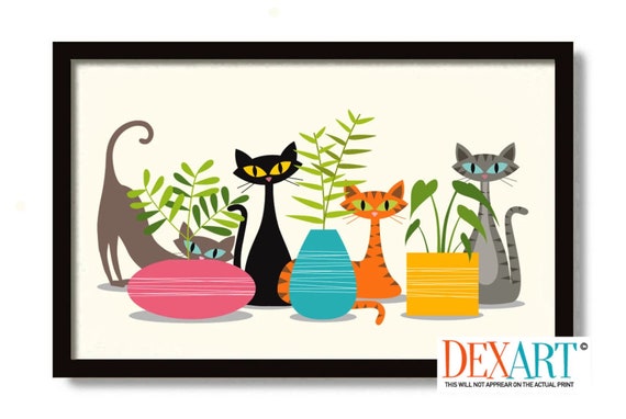 Mid Century Modern Art, Cat Art Print, Monstera Plant, Black Cat Lover  Gift, Tropical Decor, Unique Planters, Tabby Cat, Houseplants Art - Etsy