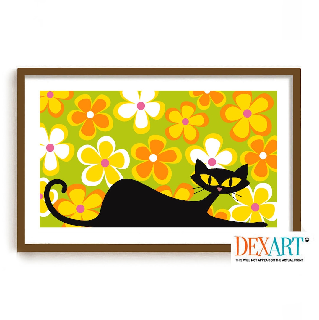 Mid Century Modern Cat Wall Art Print Kitsch Decor Colorful Etsy
