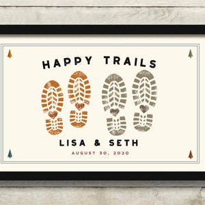 Happy Trails Personalized Art Print, Outdoor Enthusiast Wedding Gift for Couple, Happy Camper, Adventure Awaits, Hiking Backpack