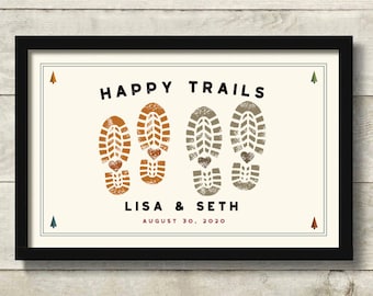 Happy Trails Personalized Art Print, Outdoor Enthusiast Wedding Gift for Couple, Happy Camper, Adventure Awaits, Hiking Backpack