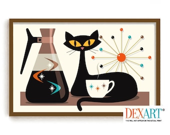 Mid Century Modern Cat and Kitchen Art Print, Wall Art, Black Cat Art Print, Coffee Lover Gift, Retro Coffee Pot, DexMex Atomic Star Decor