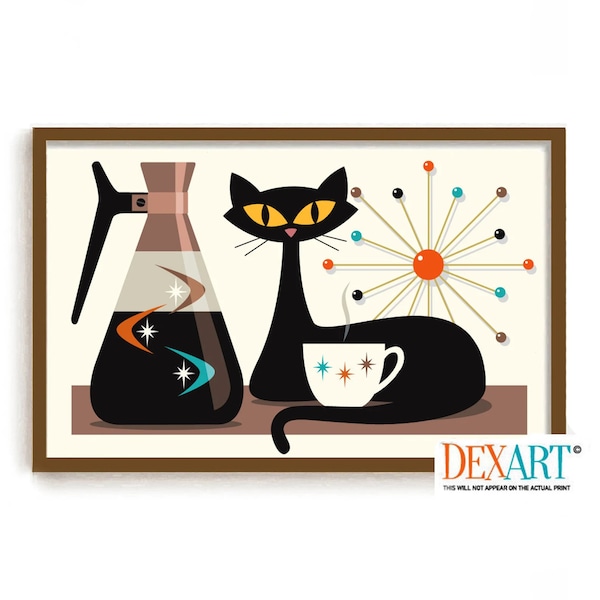 Mid Century Modern Cat and Kitchen Art Print, Wall Art, Black Cat Art Print, Coffee Lover Gift, Retro Coffee Pot, DexMex Atomic Star Decor