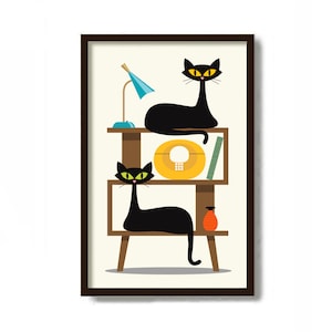 Mid Century Modern Art, Bookshelf Console, Black Cat Art Print, Orange Cat Art, Retro Telephone, Cat Lover Gift