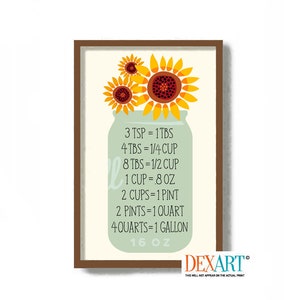 Mason Jar Measurement Conversion Chart, Sunflower Decor, Mid Century Modern Kitchen Art Print, Kitchen Decor Measuring Cup Help Guide