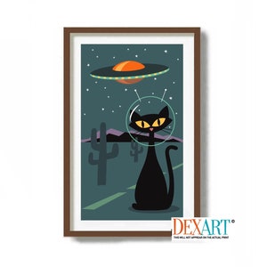 Atomic Space Cat, Mid Century Modern Art, Roswell UFO, Flying Saucer, Sci Fi Art, Black Cat Art Print, Science Fiction TV, Southwest Decor