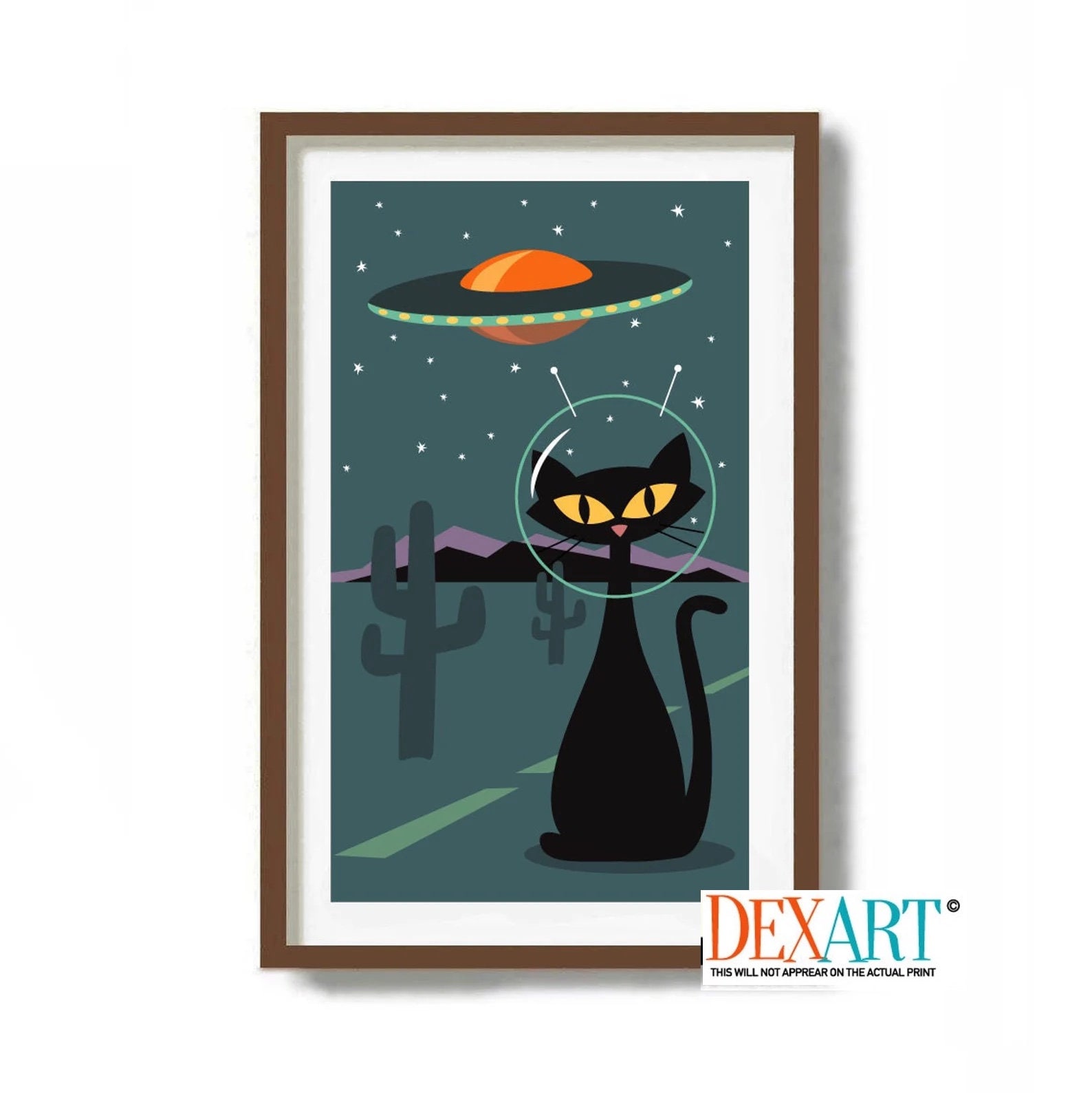 Atomic Space Cat, Mid Century Modern Art, Roswell UFO, Flying