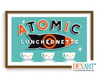 Mid Century Modern Atomic Art Print, Rocket Wall Decor, Cafe Diner Sign Retro Space Age