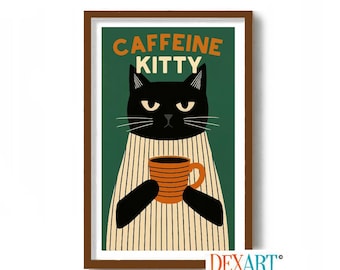 Bad Kitty and Coffee Caffeine Art Print, Kitchen Wall Art, Black Cat Lover Gift, Coffee Cup, DexMex Decor, Mid Century Modern, Cafe Sign
