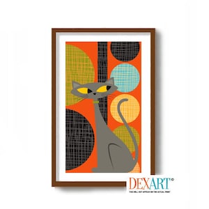 Mid Century Modern Atomic Cat Art Print, Gray Tabby Cat Wall Art, Cat Lover Gift, Modernist Wall Decor, Abstract Pattern, Danish Modern
