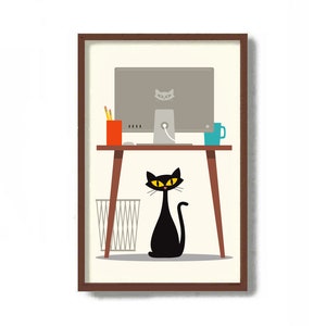 Mid Century Modern Art, Black Cat Art Print, Office Desk, Laptop, Home Office Decor, Cats and Computers, Cat Lover Gift, Office Wall Art