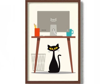 Mid Century Modern Black Cat Art Print, Home Office Decor