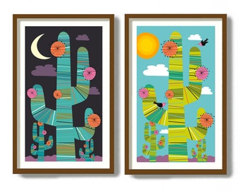 Two Saguaro Cactus Prints, Night and Day, Southwestern Decor, Native American, Mid Century Modern Art, Western Print, Mexican Folk Art
