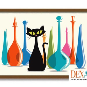 Colorful Glass Decanters Art, Atomic Cat Poster, Mid Century Modern Cat and Kitchen Art Print, Wall Art, Black Cat Lover Gift, Swung Vase