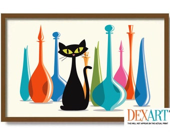 Colorful Glass Decanters Art, Atomic Cat Poster, Mid Century Modern Cat and Kitchen Art Print, Wall Art, Black Cat Lover Gift, Swung Vase