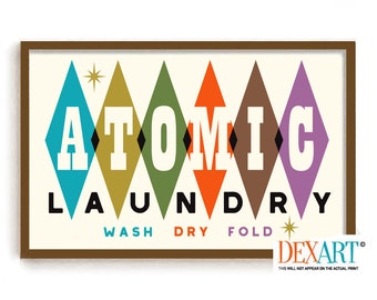 Atomic Laundry Room Decor, Mid Century Modern Art Print, Retro Art, Sparkle Wall Art, Laundry Sign, Washing Machine, Wash Dry Fold