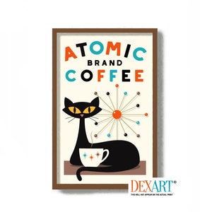 Mid Century Modern Cat and Kitchen Art Print Coffee Wall Art Black Cat Lover Gift, Atomic Decor, Retro Coffee Art, DexMex Sputnik Decor