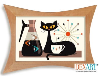 May include: A mid-century modern illustration of a black cat with yellow eyes sitting with a cup of coffee. A coffee pot with a retro design and a starburst sculpture are in the background.