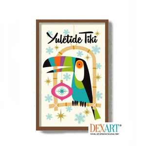 Christmas Tiki Bar Decor, Mid Century Modern Christmas Art Print, Toucan, Atomic Art, Holiday Tree Ornaments, Palm Springs Wall Decor