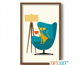 May include: A framed print featuring a cartoon cat in a teal chair, holding a cup of coffee. The cat is orange, and the chair is set against a cream background. A mid-century modern lamp is to the left. The print has a brown frame.