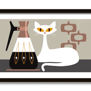 Mid Century Modern Art, Kitchen Art Print, White Cat Lover Gift, Coffee Lover Gift, Retro Coffee Pot, Copper Carafe, Pantry Sign, Atomic Art