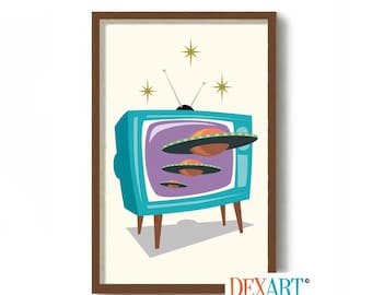 May include: A retro-style illustration of a teal television with three flying saucers emerging from the screen. The television has a purple screen and is set against a cream background with gold stars.