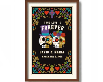 Day of the Dead Wedding Gift, Halloween Wedding Gift for Couples, Sugar Skull Skulls Decor Personalized Mexican Folk Art, Dia de los Muertos