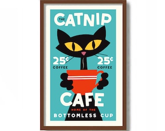 Cafe Sign, Mid Century Modern Art Print, Kitchen Art Print, Catnip, Black Cat Lover Gift, Pantry Sign, Coffee Cup, Coffee Lover Gift
