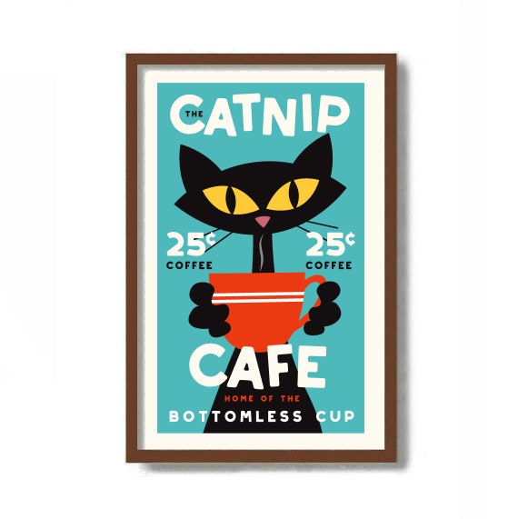 Mid Century Modern Cafe Sign Art Print, Kitchen Art Print, Catnip, Black Cat Lover Gift, Pantry Sign, Coffee Cup, Coffee Lover Gift