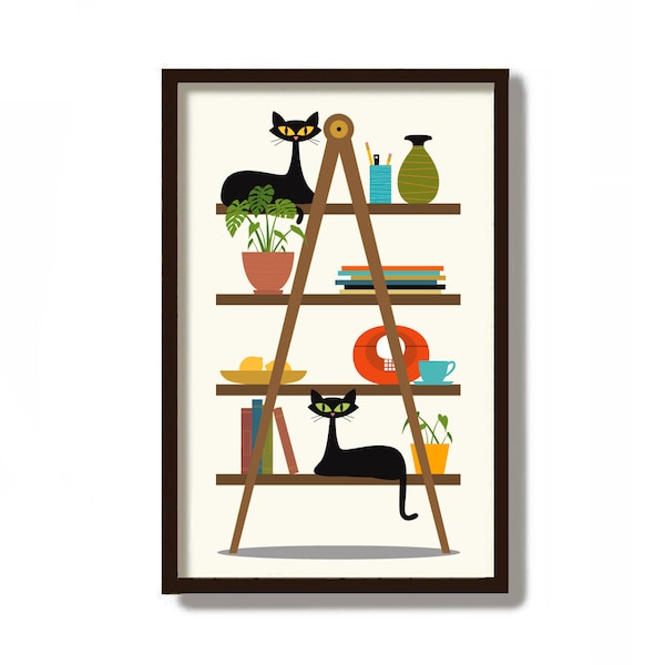 Mid Century Modern Art, Living Room, Caliper Shelf, Kitchen Decor, Black Cat Art Print, Tea Cups, Cat Poster, Coffee Cups, Cat Lover Gift