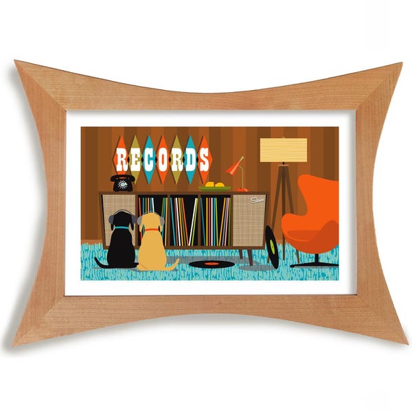 Mid Century Modern Dog Wall Art Print, Retro Vinyl Record Player Decor, Record Collector, Atomic Wall Art Poster