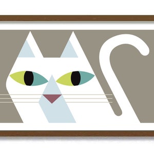 White Cat Art Print, Mid Century Modern Cat Wall Decor, Cat Lover Gift, Striped Cat, Abstract Art, Retro Cat