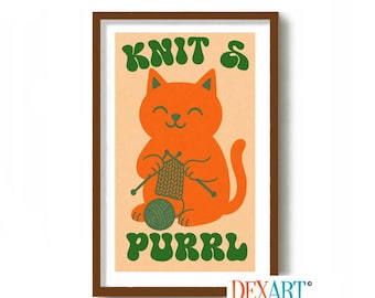Knitting Wall Art Print for Cat Lovers, Knitters Gift, Mid Century Modern Kitchen Print, Orange Tabby Cat Print, Cat Lover Gift Idea,
