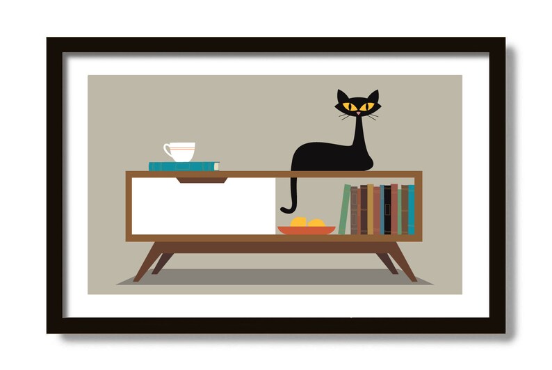 Mid Century Modern Coffee Table, Cat Lover Gift, Black Cat Art Print, Coffee Table Books, Cat Gift Idea, Veterinarian Gift, Cat Poster image 2