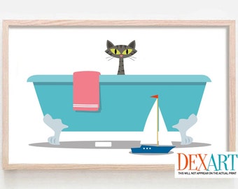 Cat Art Print, Cat Bathroom Art, Mid Century Modern Art, Bathtime Kids Room, Laundry Room Decor Grey Tabby Cat Lover Gift Idea Claw Foot Tub