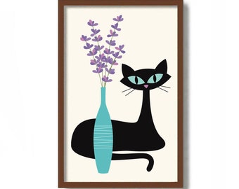 Fresh Lavender Art Print, Mid Century Modern Art, Black Cat Lover Gift, Minimalist Wall Art, Black Cat Art, Floral Print