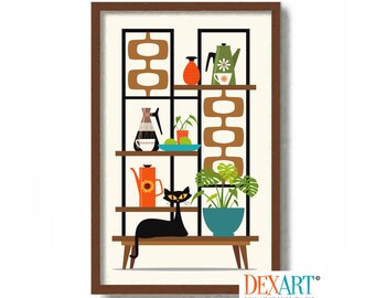Mid Century Modern Retro Wall Art Print, Kitchen and Dining, Atomic Cat Decor, Coffee Pot, Palm Springs, Cat Lover Gift, Contemporary Home