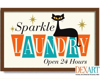 Atomic Cat Mid Century Modern Art Print, Laundry Room Decor Cat Wall Art, Black Cat Art, Cat Lover Gift Idea Laundry Sign Bathroom Towels