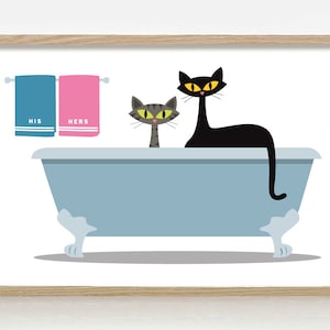 Cat Bathroom Print, Mid Century Modern Art, Cat Art Decor, His and Hers ...