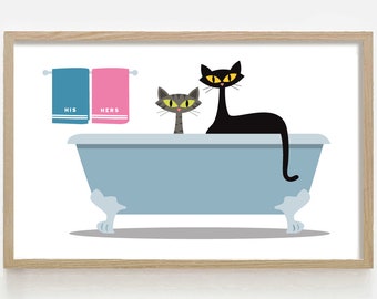 Cat Bathroom Print, Mid Century Modern Art, Cat Art Decor, His and Hers Couples Gift, Black Cat Grey Tabby Lover Gift Idea, Claw Foot Tub