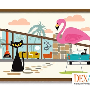 Mid Century Modern Art, Retro House Decor, Cat Lover Gift, Black Cat Art Print, Contemporary Home, Atomic Cat Wall Art, Pink Flamingo