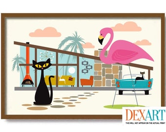 Mid Century Modern Art, Retro House Decor, Cat Lover Gift, Black Cat Art Print, Contemporary Home, Atomic Cat Wall Art, Pink Flamingo