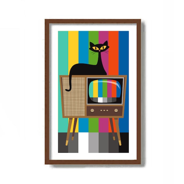 Mid Century Modern Cat Art Print, Black Cat Decor, 11x17 Print, Living Room Wall Art, Cat Lover Gift, Retro TV, Danish Modern